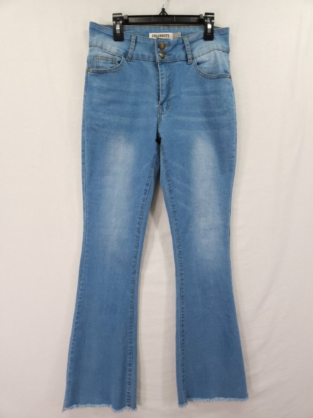 Celebrity Ace Light Wash Flare Jeans Womens Size 9 28x30 Double Button Raw Hem